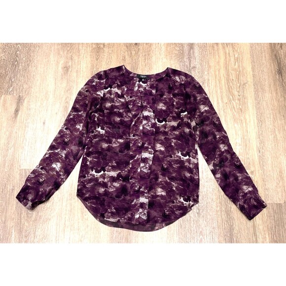 Babaton 100% Silk Purple Abstract Long Sleeve Sheer Blouse XXS - Picture 1 of 8
